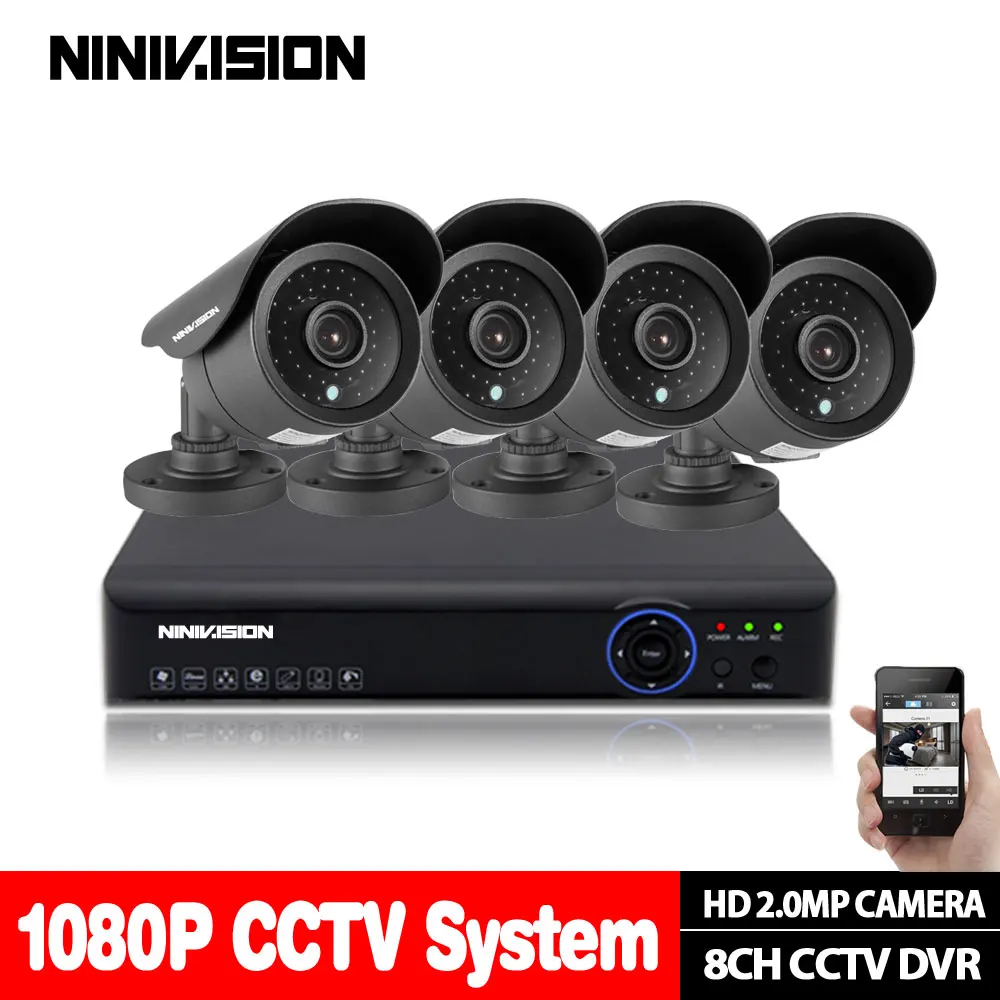 NINIVISION 2.0MP 1080P AHD Крытая уличная Водонепроницаемая камера видеонаблюдения ночного видения IR CCTV камера безопасности 8CH AHD DVR комплект - Цвет: Черный