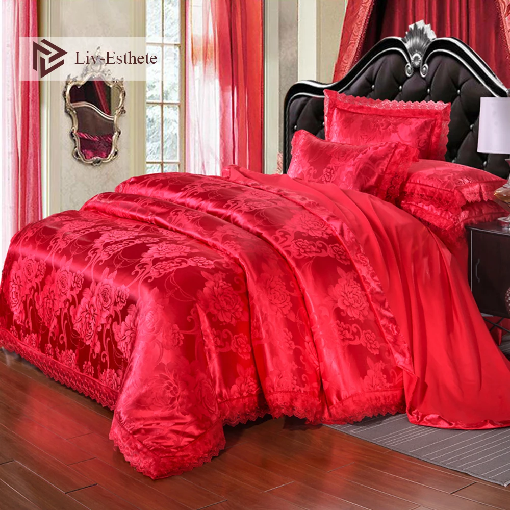 

Liv-Esthete European Luxury Red Satin Jacquard Bedding Set Lace Side Duvet Cover Flat Sheet Pillowcase Queen King Bed Linen