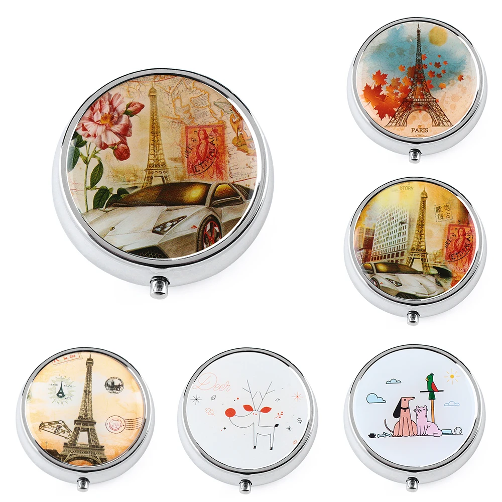 

Random!! 1PC Cute Metal Round Flower Print Pill Case Divide Organizer Storage Tablet Container Medicine Box Refillable Bottles