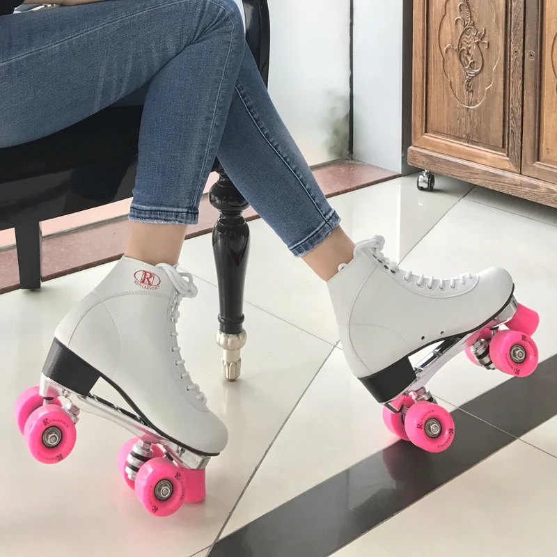 Tanie Damska koszulka klasyczna RENIAEVER Retro 4 koła Quad wrotki łyżwiarstwo buty różowy koła, białe buty płyta aluminiowa, darmowa wysyłka