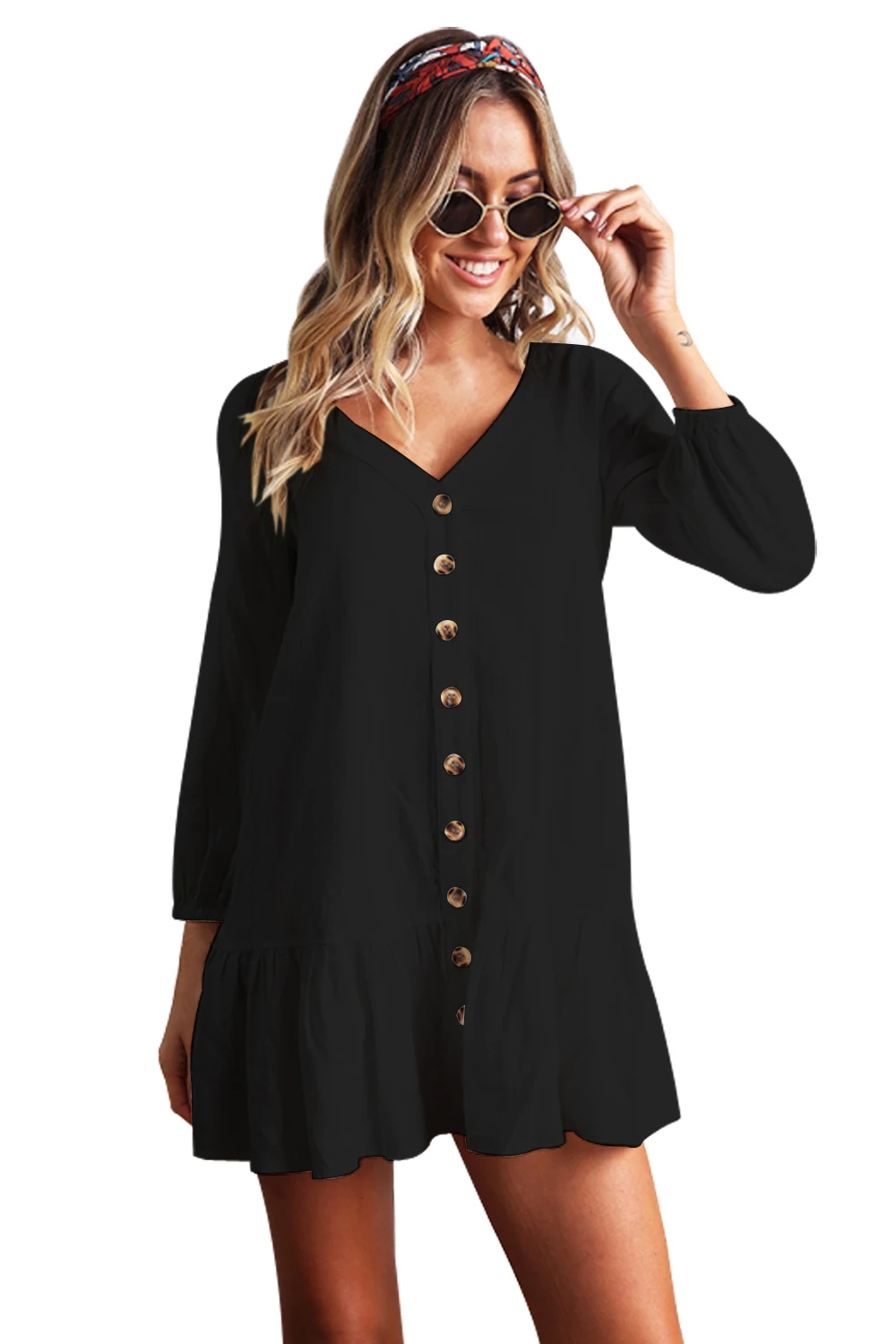 Sleeved-Button-Down-Black-Casual-Short-Dress-LC220418-2-1
