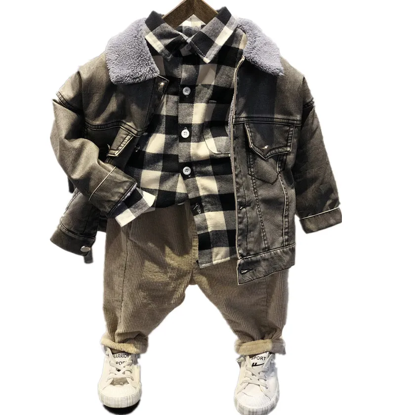 

Winter PU Thicken Jackets+Plaid Shirt+Khaki Corduroy Pants For Kids Warm 2018 Fashion 2-7T Kids Boys Clothings Sets 3PCS S8D311A