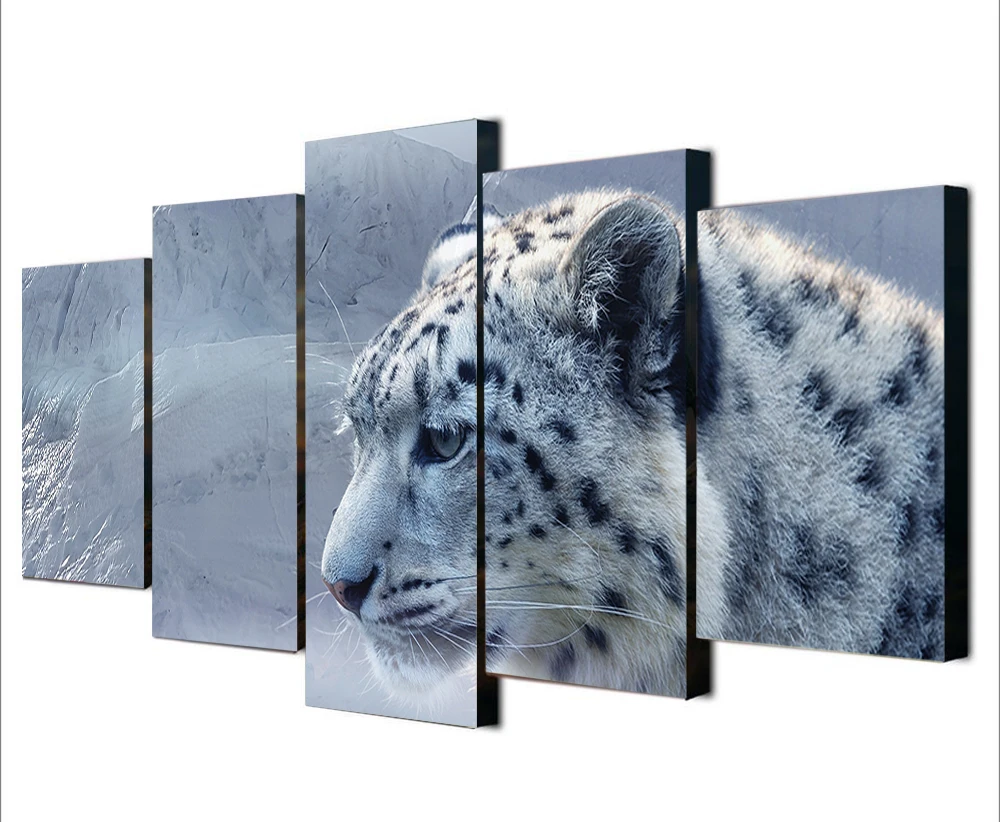 Framed 5 panels Printed Snow Leopard Animals Picture Canvas Painting