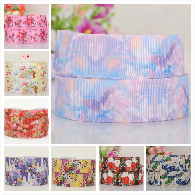 

50% sales 5/10/20 yards 7/8"22mm Japanese style flowers ribbon pattern printed grosgrain ribbon random delivery