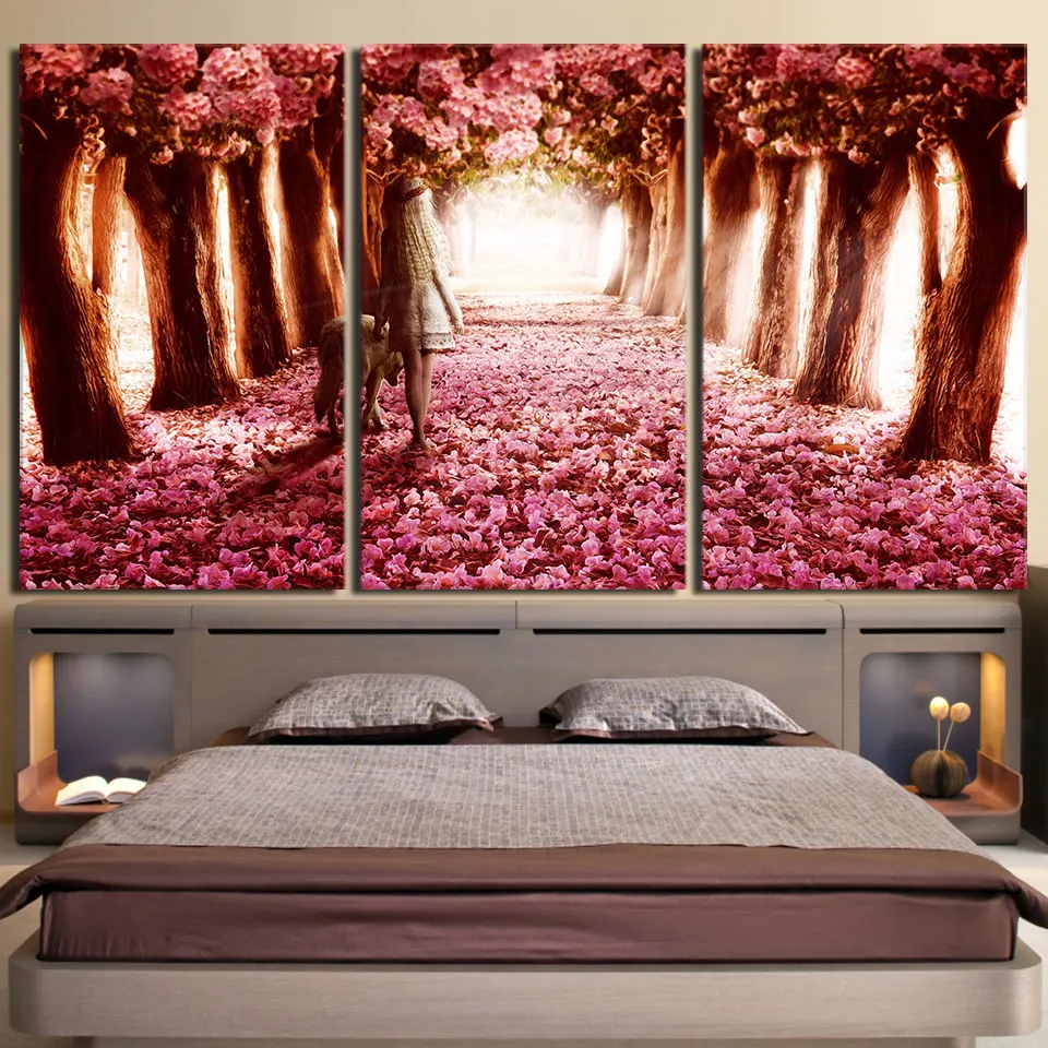 

Modern Home Wall Art Decor Framework Modular Pictures 3 Pieces Cherry Blossoms Girl Wolf Landscape HD Printed Painting On Canvas