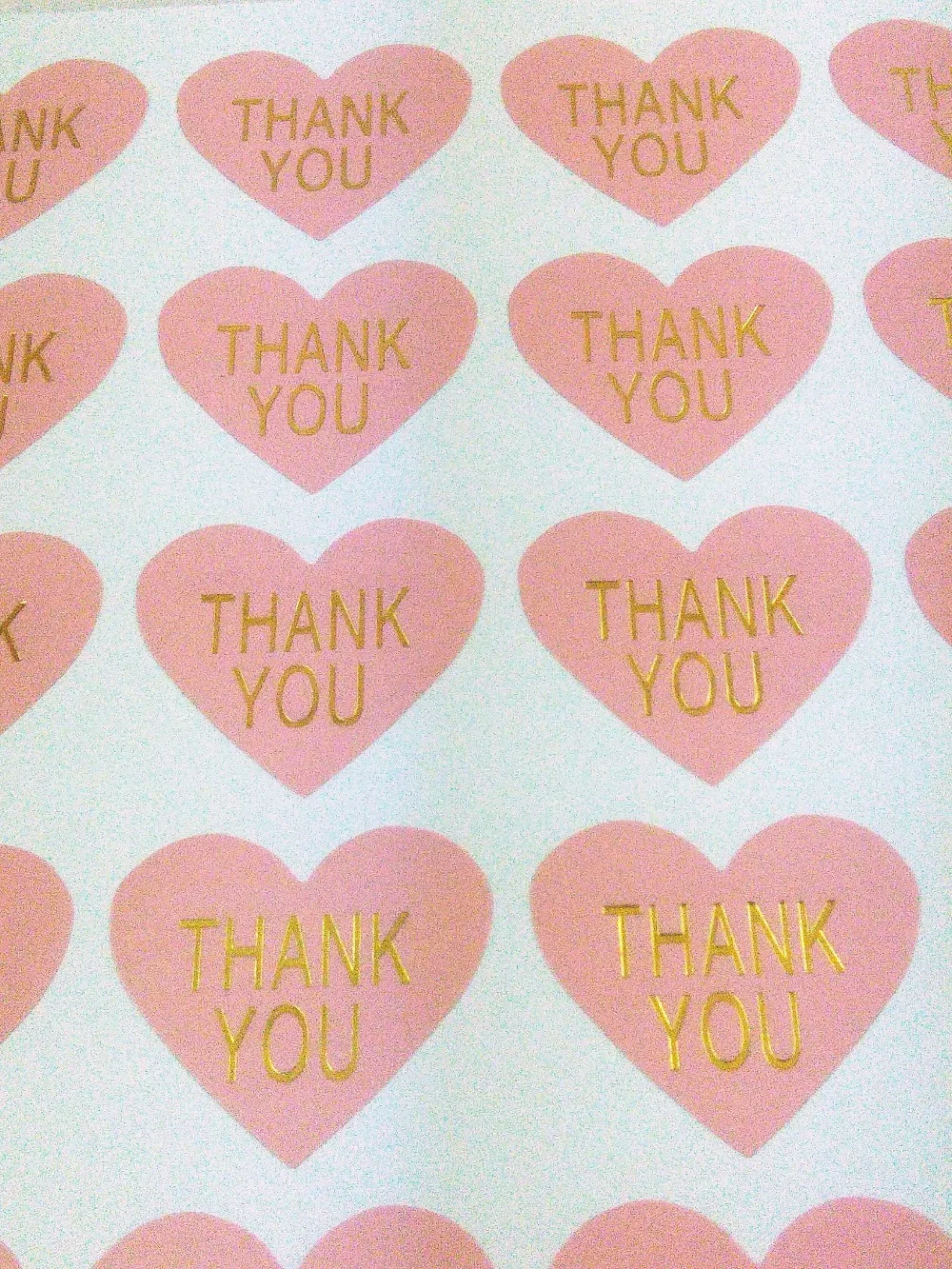 

Pink Thank You Sticker Labels Thermoprinting Gold "THANK YOU"Labels heart-shaped design Stickers Golden text Sticker Labels
