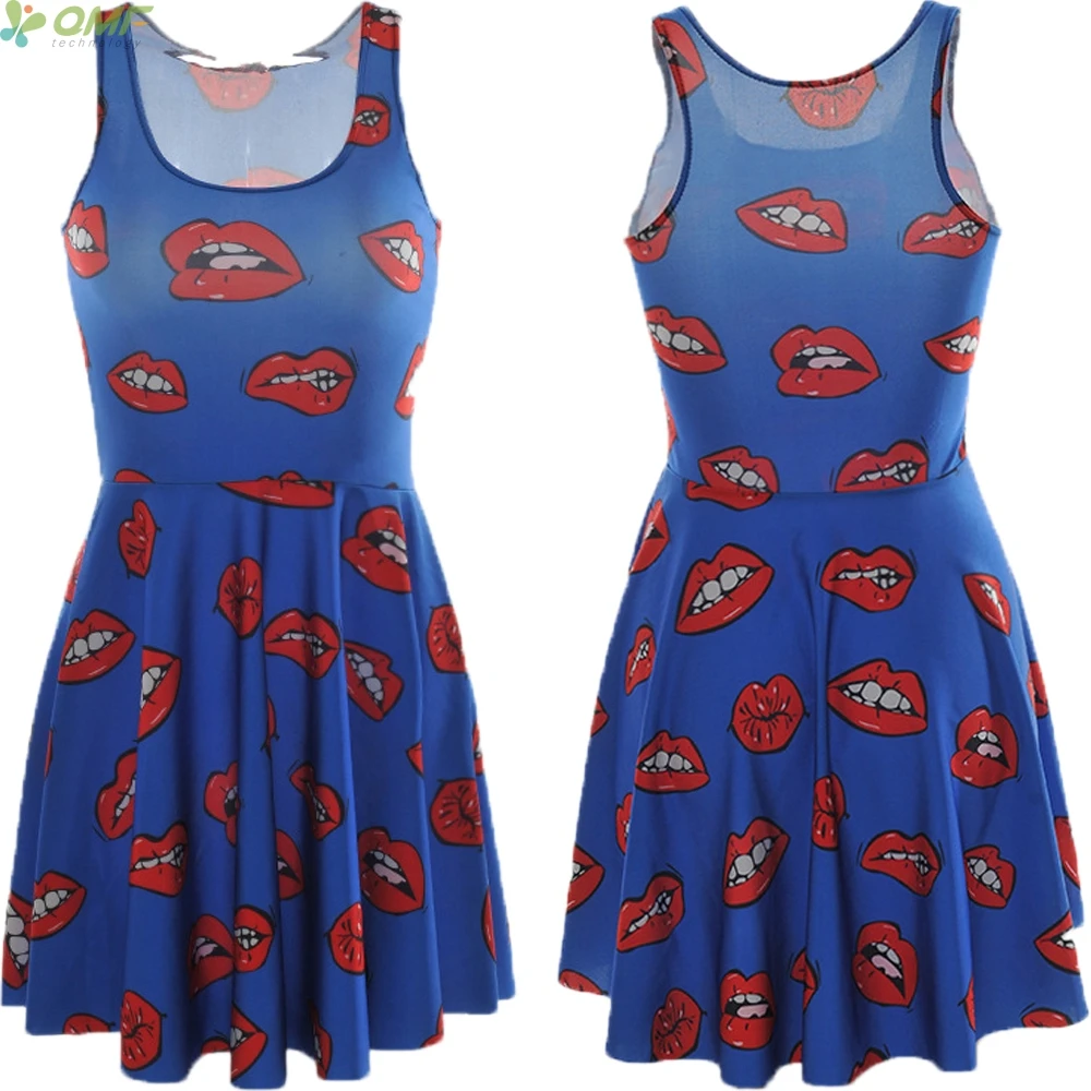Funny Big Red Lips Print Skater Dresses Casual Fashion Sundress Sexy