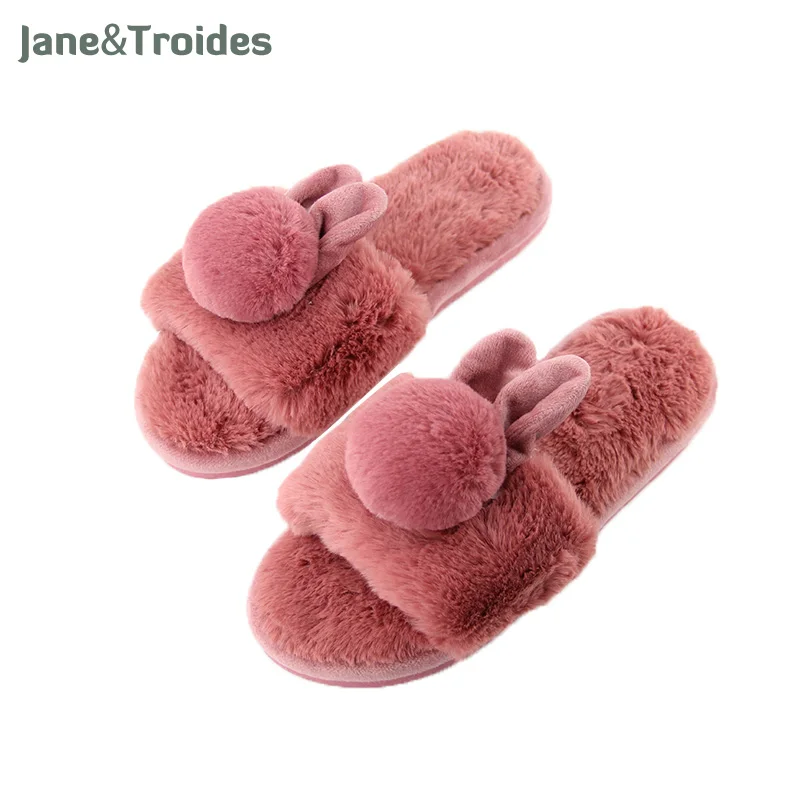 melhor Inverno Em Casa Chinelos Macios Para As Mulheres Do Dedo Do Pé Aberto Coelho Pompom De Pelúcia Piso Anti Derrapante Chinelos Moda Mulher Sapatos Fechados