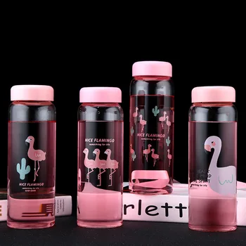 

Hot Sale Flamingo Glass Water Bottle with Cloth Bag Leakproof Cartoon Cute Student School Juice Drink Bottle Office Kettle