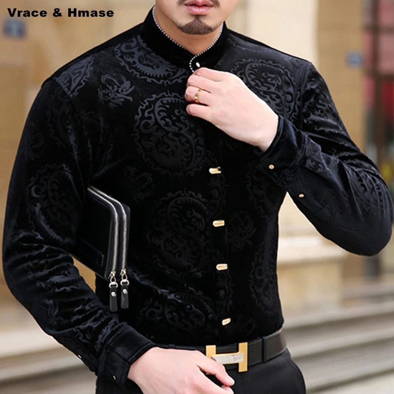 Мужская рубашка с длинным рукавом принтом дракона|velvet men shirt|fashion man shirtmen fashion shirt |