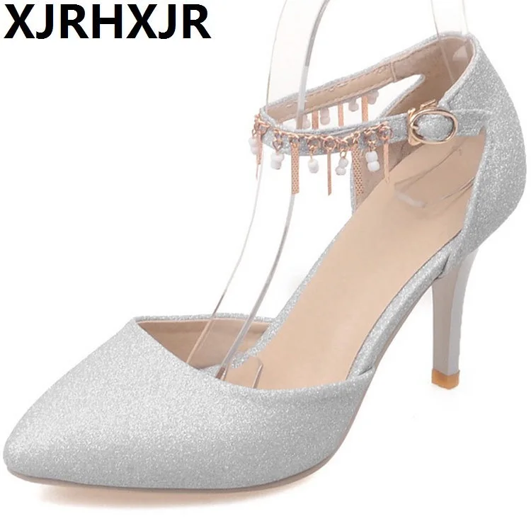 

XJRHXJR Shoes 2018 Spring Autumn Sweet Ankle Strap Thin High Heels Women Sandals Sweet Chain Pointed Toe Women Party Dress Shoes