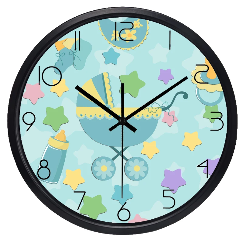 Baby Room Wall Clock Non Ticking Sound, Cute Milk Bottle Baby Carriage Clockin Wall Clocks from