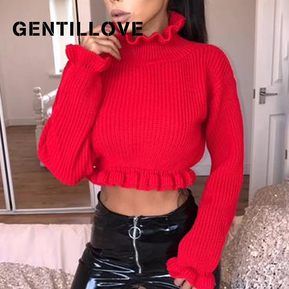 

Women Turtleneck Sweaters Autumn Winter Ruffled Crop tops Long Sleeve Solid Button Pull Jumper 2019 Fashionable Knitted Pullover