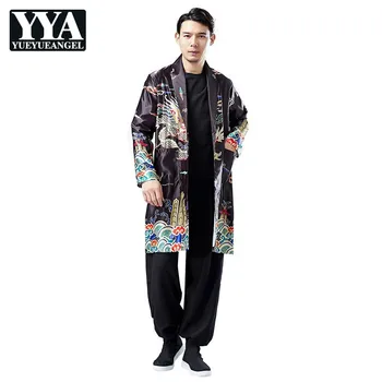 

2019 Spring Chinese Style Men Printing Pattern dragon Long Coats Slim Fit Lapel Casual Trench Outerwear Male Robe Runway Coats