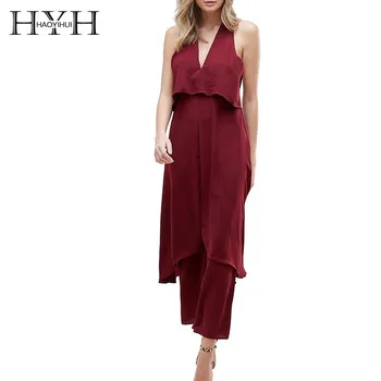 

HYH Haoyihui Office Lady Simple V-neck Halter Sexy Wine Red One-piece Trousers Double Swing Sleeveless Solid Color Jumpsuits