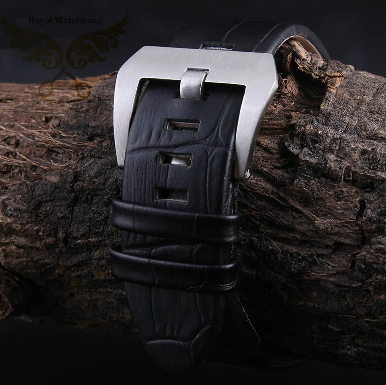 22mm New High Quality Men Black Italy Genuine Leather Watch Band Strap With Silver Brushed Depolyment