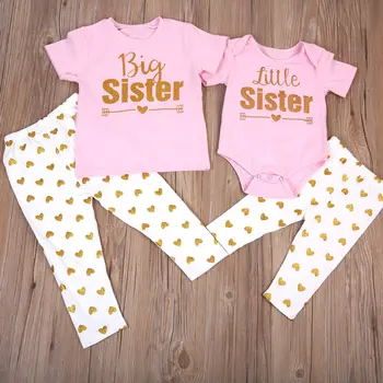 

Lovely Baby Kids Girls Matching Outfits T-shirt Romper Tops+Print Long Pants Outfits Clothes Set Summer Pink Littler Big Sister