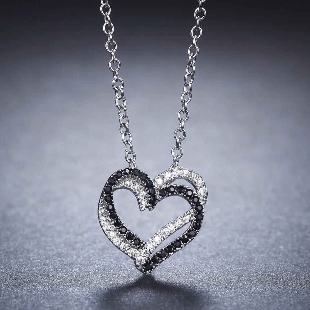 Fine Genuine 100% 925 Sterling Silver Necklace Women Jewelry Heart Black&White Stone Pendants P107