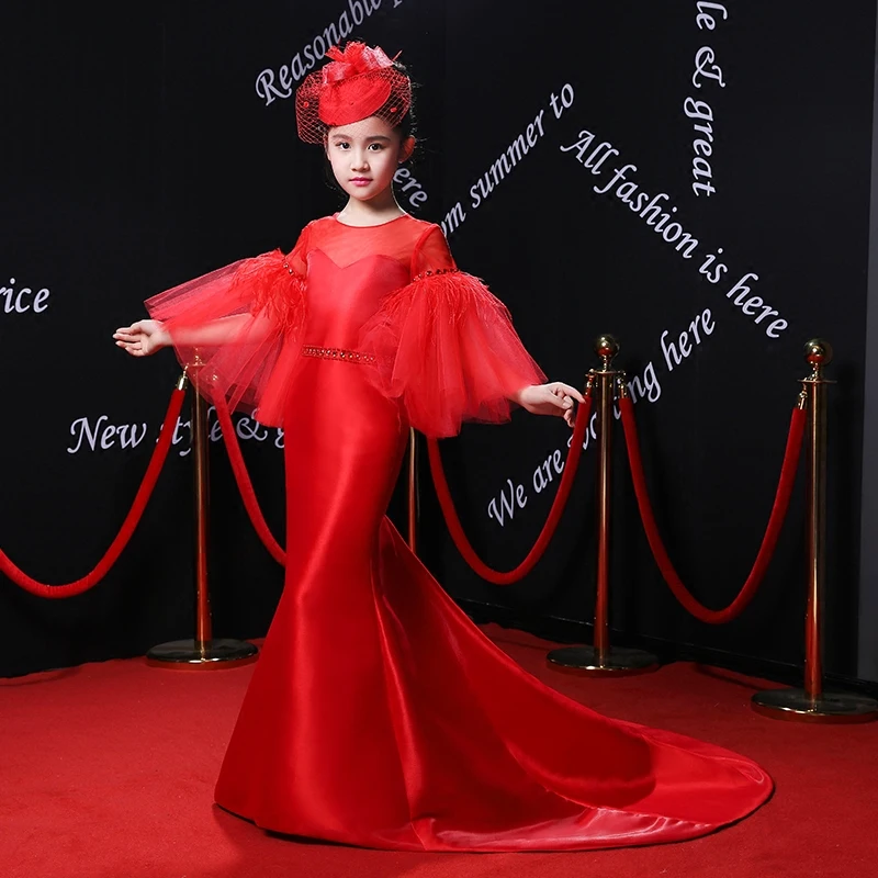Новинка года; Королевское Платье с цветочным узором для девочек; детское платье с расклешенными рукавами; праздничное платье на свадьбу; роскошное красное платье принцессы; детский официальный костюм