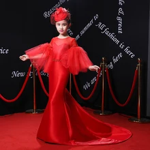 Новинка года; Королевское Платье с цветочным узором для девочек; детское платье с расклешенными рукавами; праздничное платье на свадьбу; роскошное красное платье принцессы; детский официальный костюм