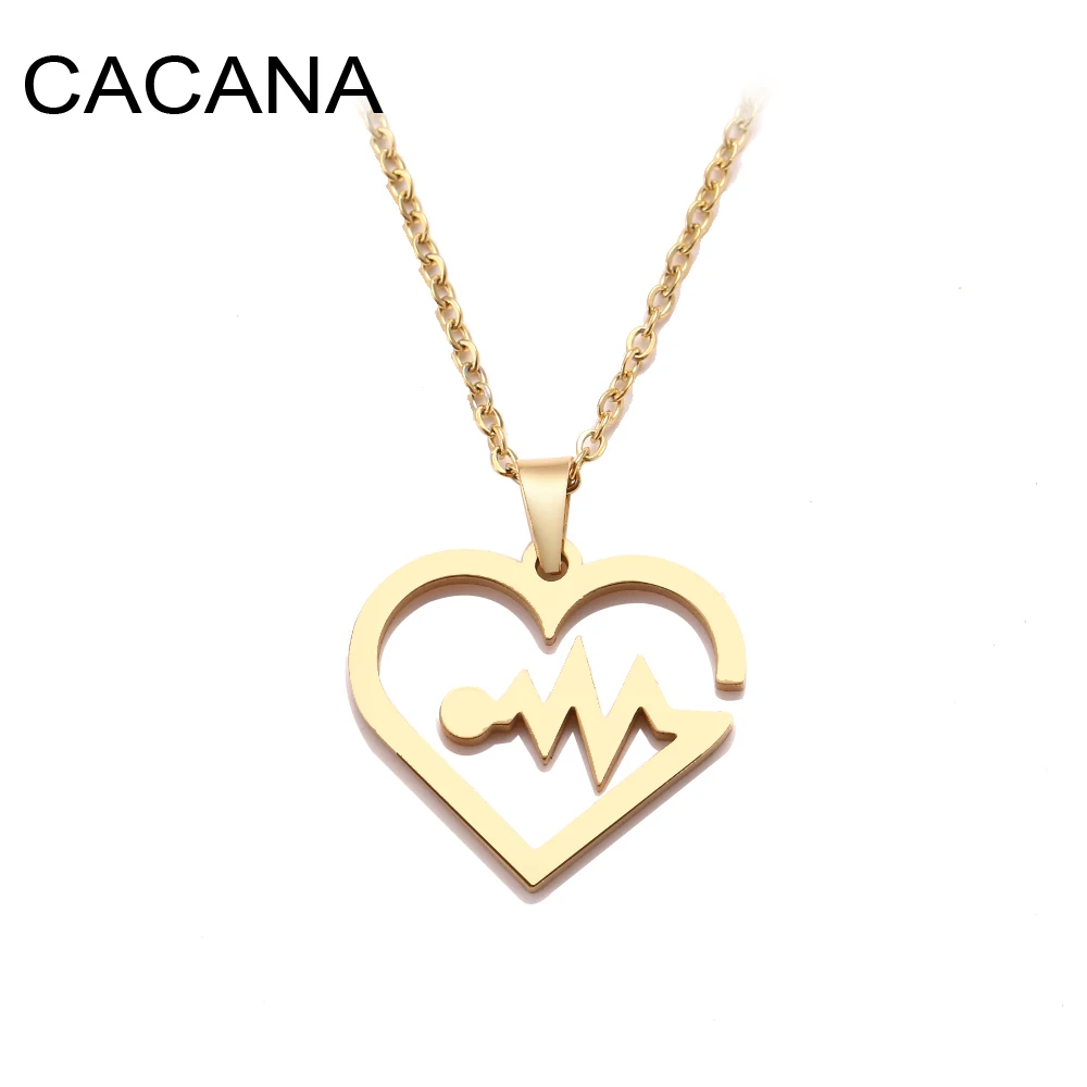 

CACANA Stainless Steel Necklace For Women Man Electrocardiogram Gold And Silver Color Pendant Necklace Engagement Jewelry