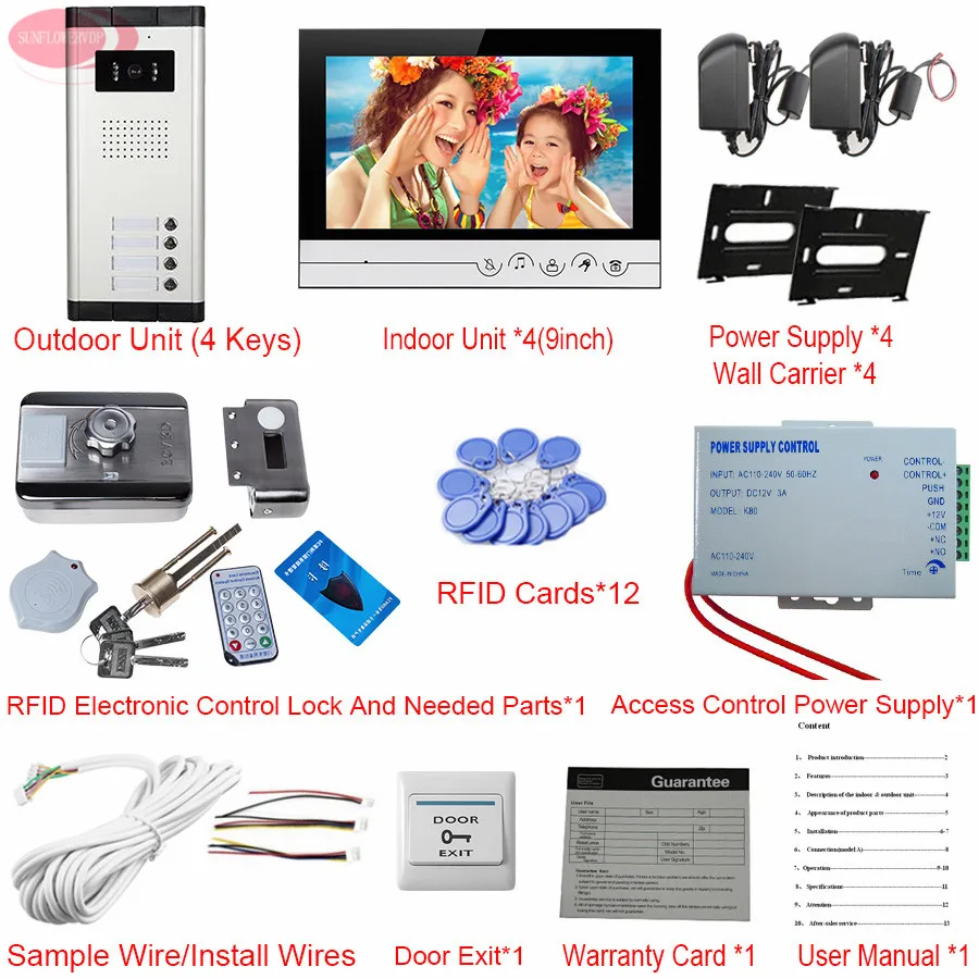 4 квартиры домашний видео домофон + Rfid разблокировка электронный замок 9 дюймовый