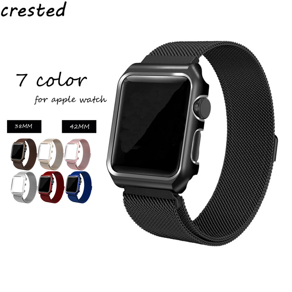 

CRESTED watch case+strap For Apple Watch band 3 42mm/38mm iwatch 3/2/1 Milanese Loop metal magnetic clasp wristband accessories