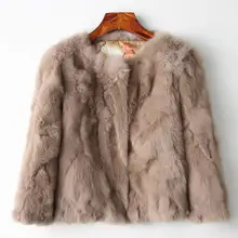Jaqueta de pele inteira genuína, casaco feminino com design de pele de coelho, natural, gola redonda, casaco fino de pele de coelho