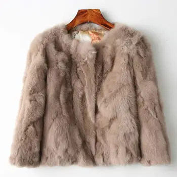 

Genuine Full Pelt Fur Jacket Women's Design Rabbit Fur Coat Natural Wholeskin Fur Coat O-Neck Fashion Slim Thin Rabbit Fur Coat