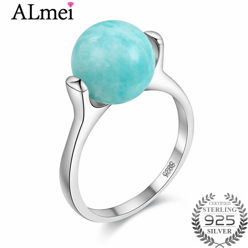 

Almei Green Round Amazonite Wedding Rings 925 Sterling Silver as Sea Globes Rhinestone Fine Jewelry for Women with Box CJ033