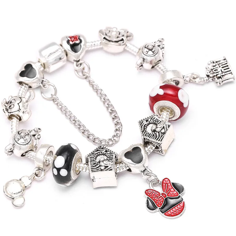 

Boosbiy 2018 Cartoon Mickey Minnie Murano Beads Bracelets Bangles Silver Plated Charm Brand Bracelets For Women Gift BBA275