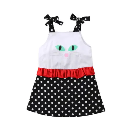 Одежда для маленьких девочек платье с рисунком кота повседневные кружевные мини-платья в горошек без рукавов От 1 до 6 лет для девочек