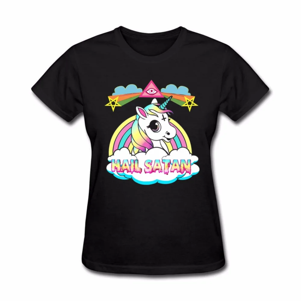 

2018 New death metal T Shirt Women rainbown Unicorn hail satan Kawaii Shirt For Women slim waist Short Sleeve Summer Top