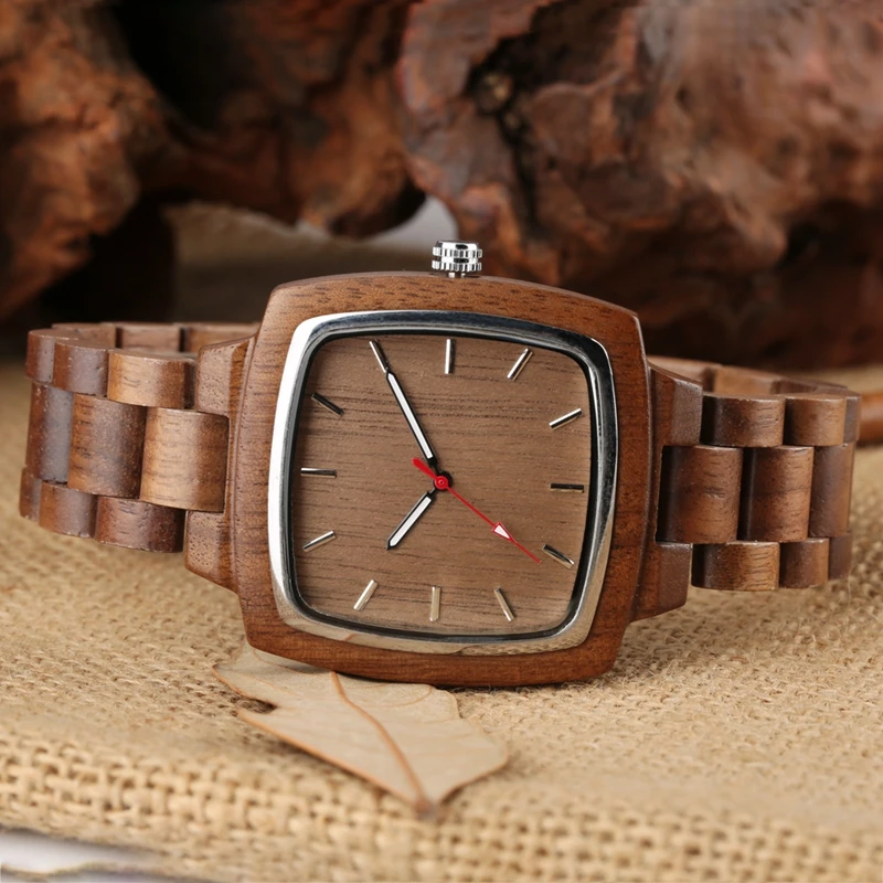 Coffee Brown Wooden Watch for Men Quartz Men s Wood Retro Square Dial Casual Full Wooden 5