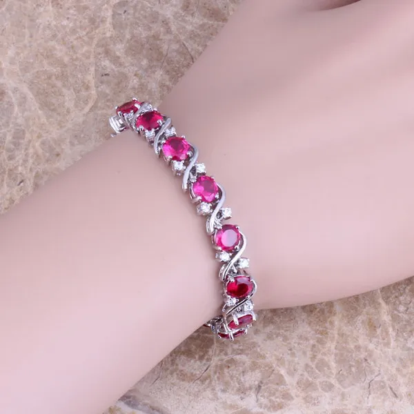 Red Cubic Zirconia White CZ Silver Plated Link Chain Bracelet 7 inch S0268 | Украшения и аксессуары