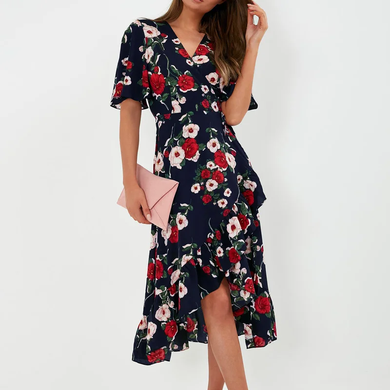 Bohemian Print Dress Women Summer Short Sleeve V Neck Long Dress – SunLify