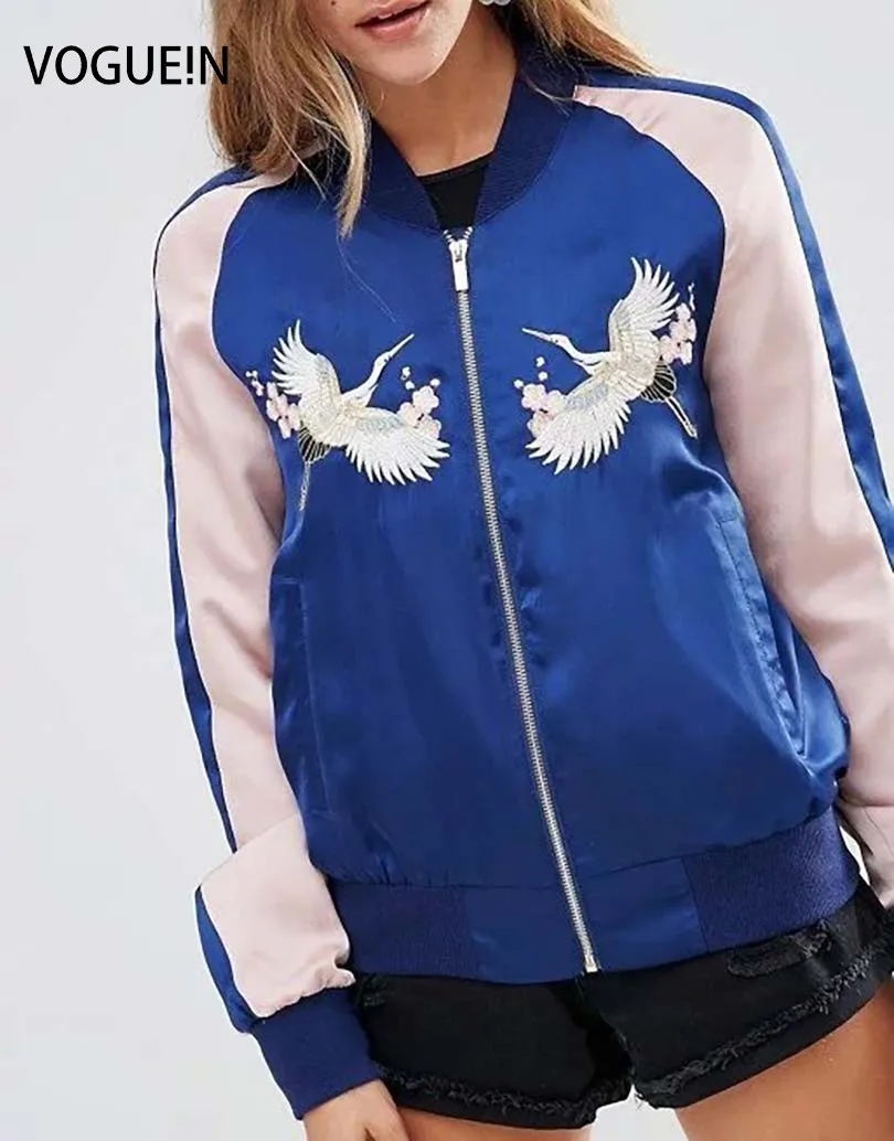 Vogue!n New Womens Harajuku Cranes Embroidery Bomber Jacket Contract Sleeve Coat Outerwear Blue