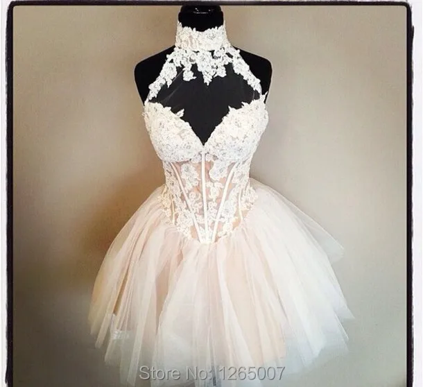 New Arrival Halter Beauty Lace Appliques Nude Top Fluffy Tulle Mini Short A Line Corset Homecoming