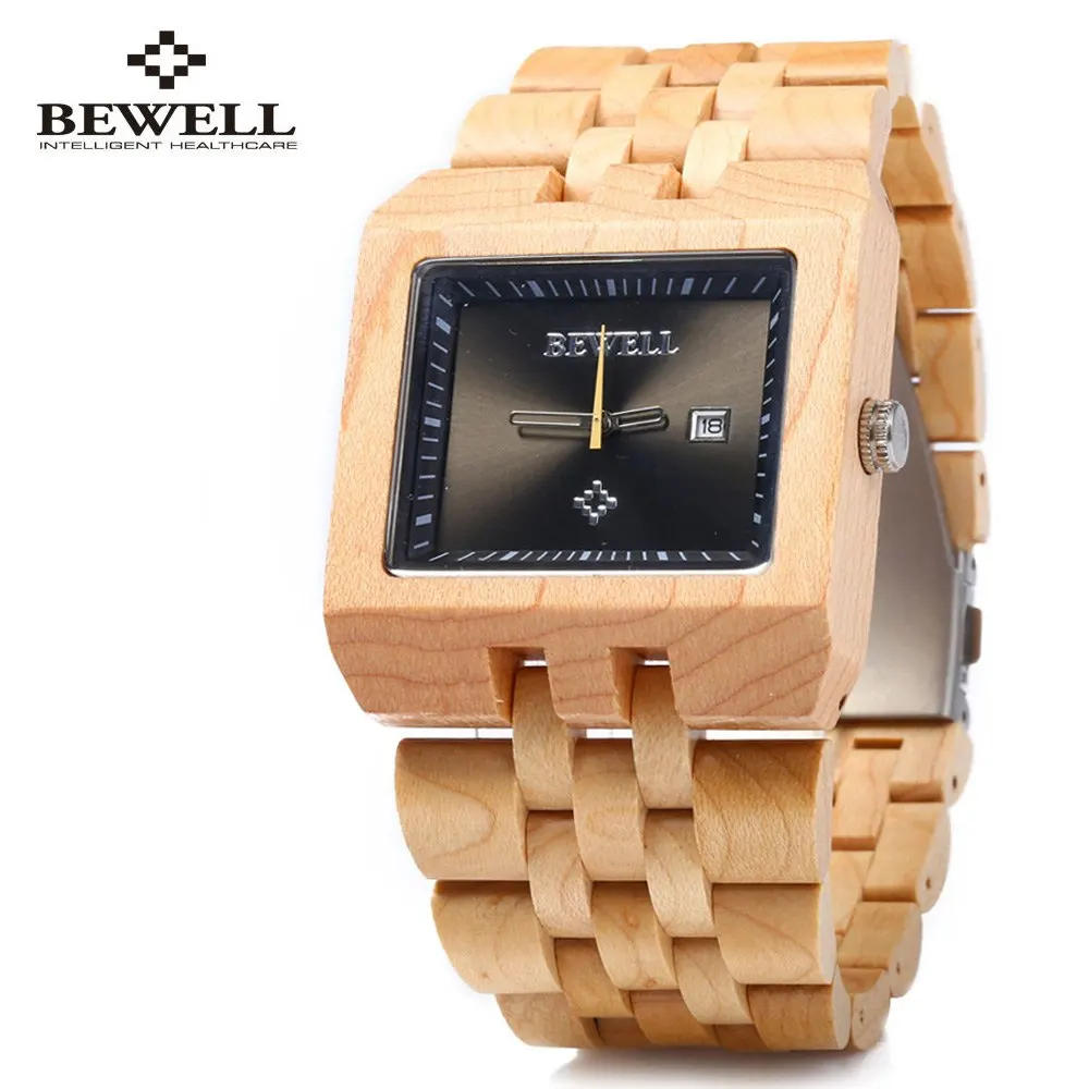 Bewell ZS - W017A Quartz Men Watch Wooden Band Analog Date Display
