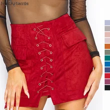 M H Artemis Chic Autumn lace up faux suede women Pencil skirt pocket preppy short skirt