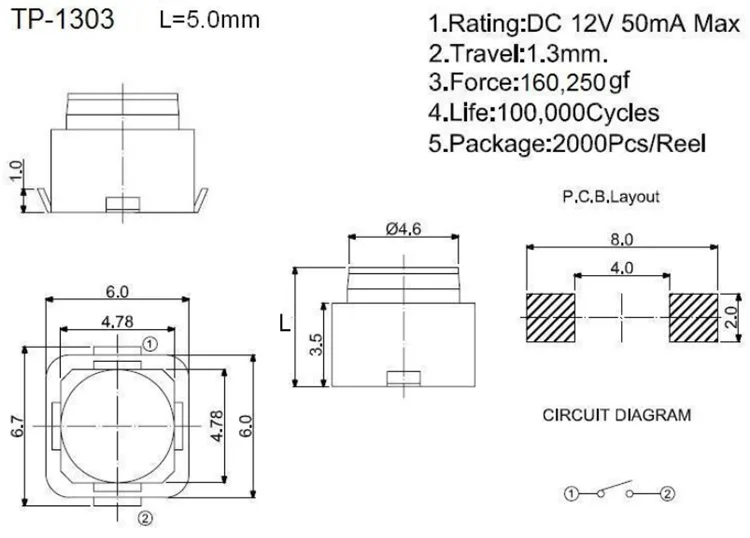 50 шт./лот 6*6*5 SMD бесшумные кнопки силиконовая клавиатура 6x6x5 мм