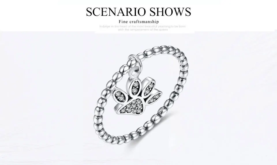 Silver Ring With Puppy Cat Paw Pendant Charm CZ Cute Rings for Women Jewelry Silver - PeticaDeals