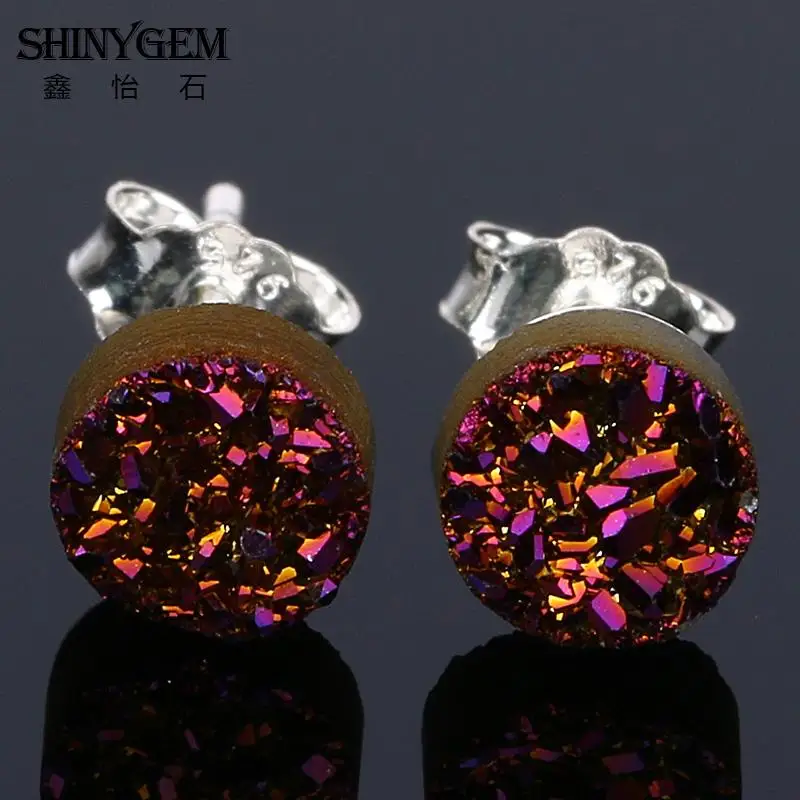 Серьги SHINYGEM 6 мм, круглые сверкающие серьги Druzy, 925 пробы, серебряные серьги-гвоздики, милые серьги с кристаллами, камень, натуральный камень, серьги для женщин - Окраска металла: Purple