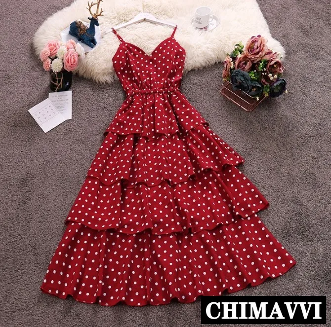 

2019 New Spring and Summer Suspender Dress Lady Girls V-neck Polka Dot Layer Cake Long Chiffon Dress Holiday Sling Beach Dress