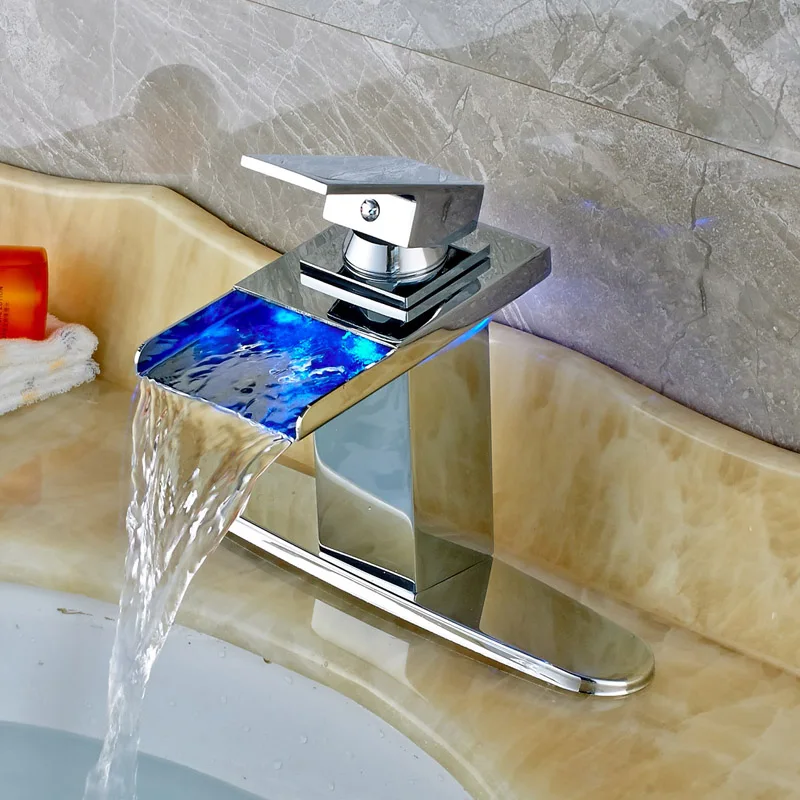 

Free Shipping Chrome Waterfall LED Spout Bathroom Sink Faucet Single Handle Mixer Tap With Cover Plate