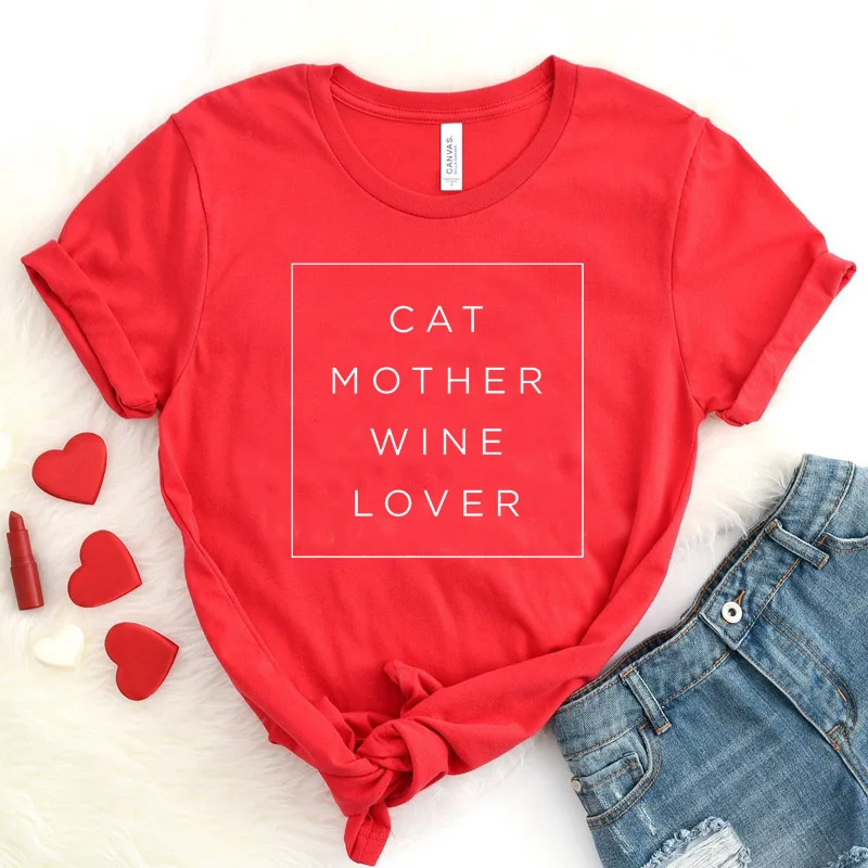 С котом для мамы винного любовника футболка размера плюс Забавные футболки с графикой женская одежда Лето кота футболка "Мама" Модные Топы Прямая - Цвет: Красный