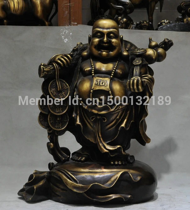 

xd 00114 22" Chinese Bronze Happy Laugh Maitreya Buddha Money Bag Ri Yi Coin Rich Statue
