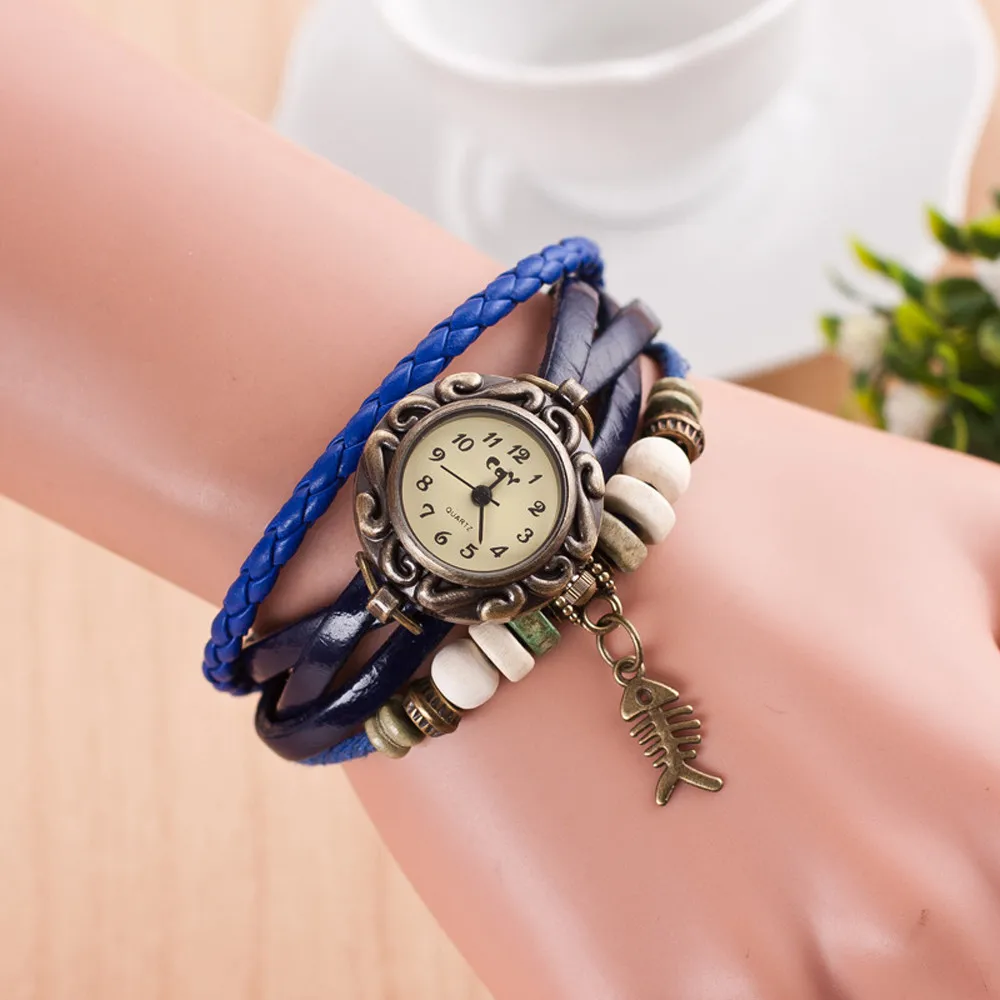 

2019 Retro Dress Elegant Quartz Weave Around Leather Belt Fishbone Bracelet Lady Woman Wrist Watch zegarki bayan kol saati *L