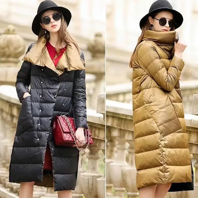 Lusumily Ultra Light White Duck Winter Down Jacket Women Double Side Slim Down long Coat Single Breasted Parkas Female Waterproo - Цвет: Gold