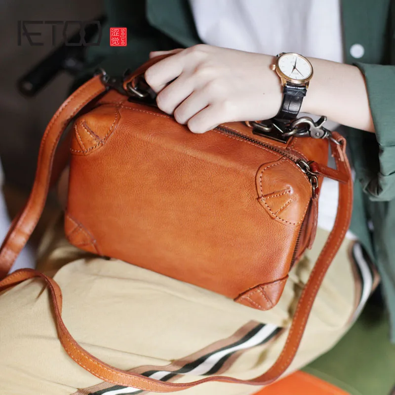 

BJYL New Japanese retro handmade box-shaped small square bag double zipper diagonal package literary shoulder bag